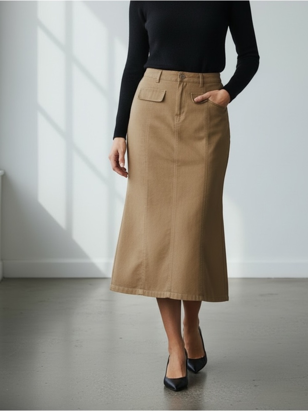 Khaki Brown Cotton Cargo Midi Skirt Small Utility Workwear Flare Pencil Office